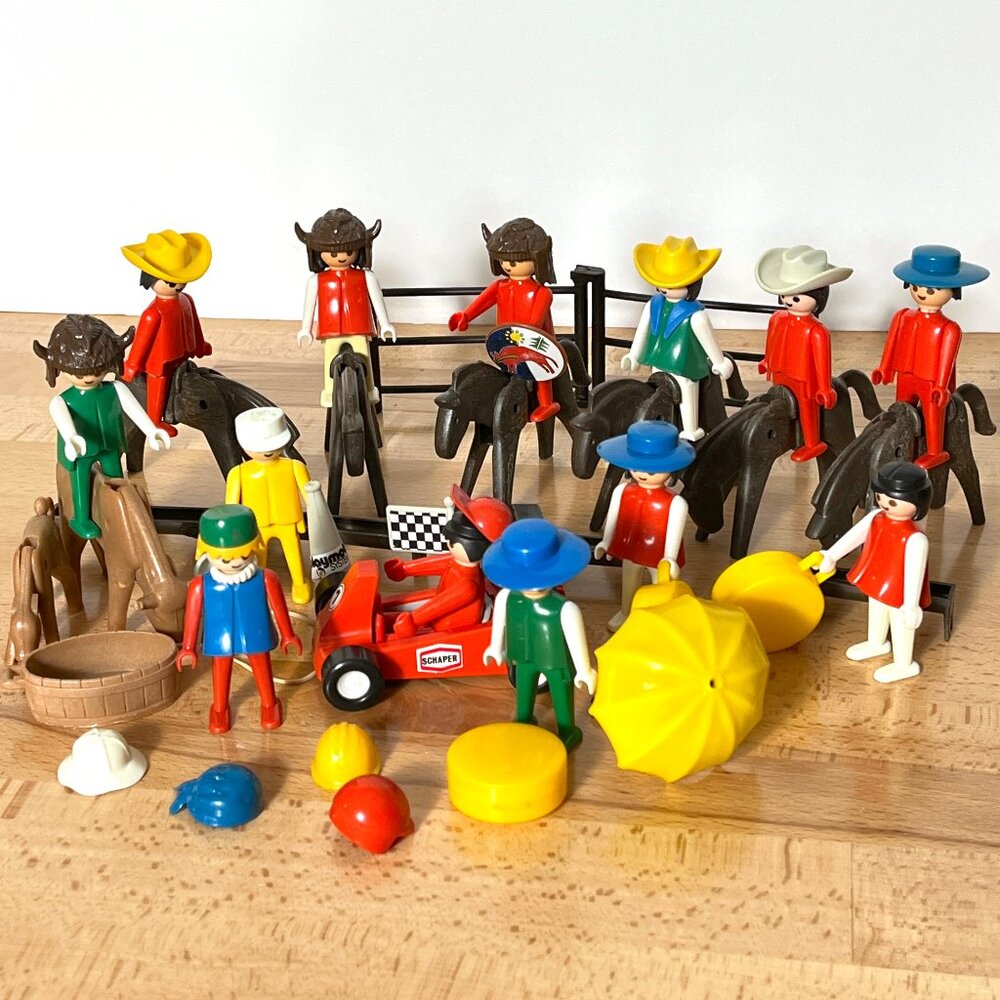 Vintage Playmobile 1974 Toy Lot Figures Cowboy Western Horses Go Cart Racer Lot